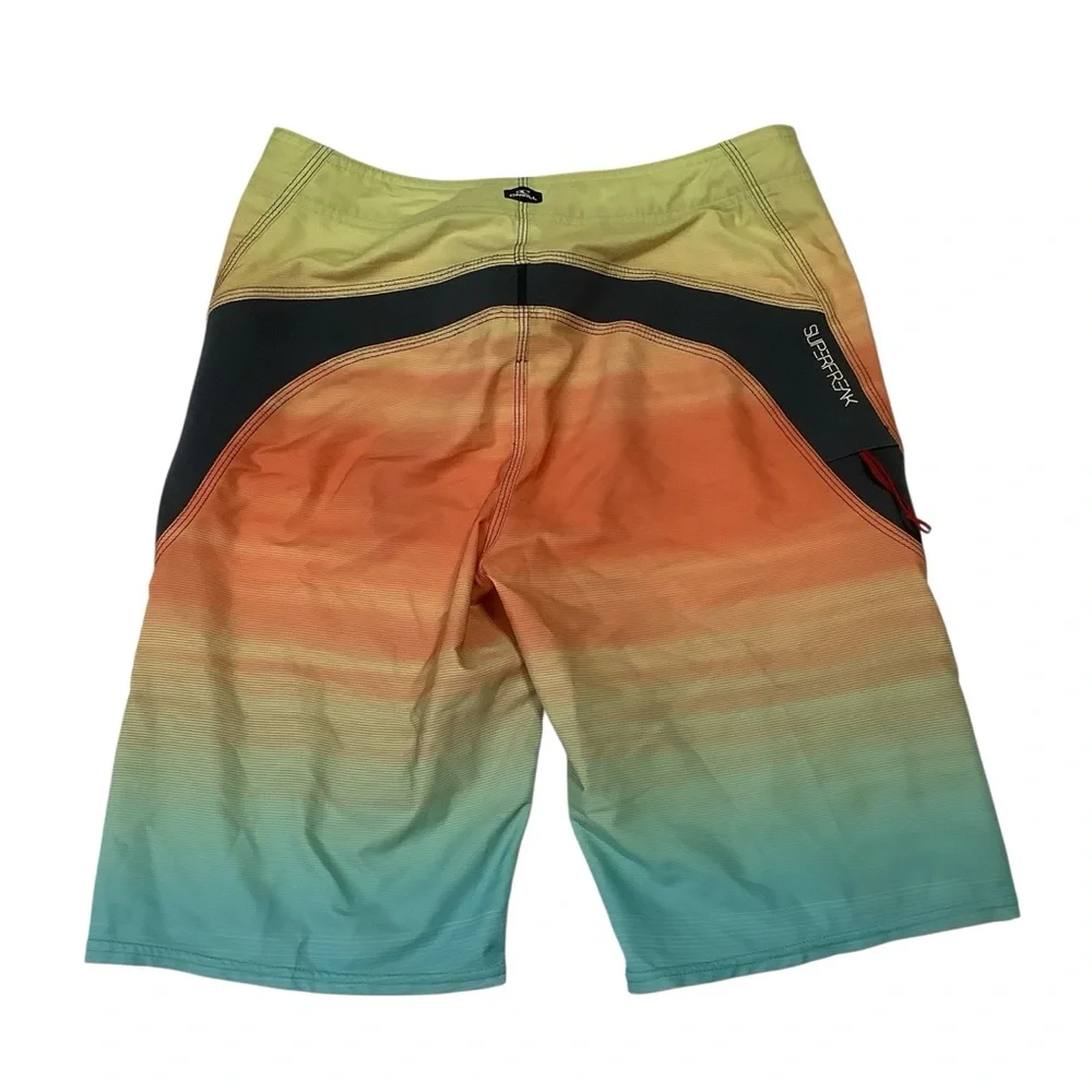 O’Neill Superfreak Striped Boardshorts Sz 28 Orange Teal Yellow